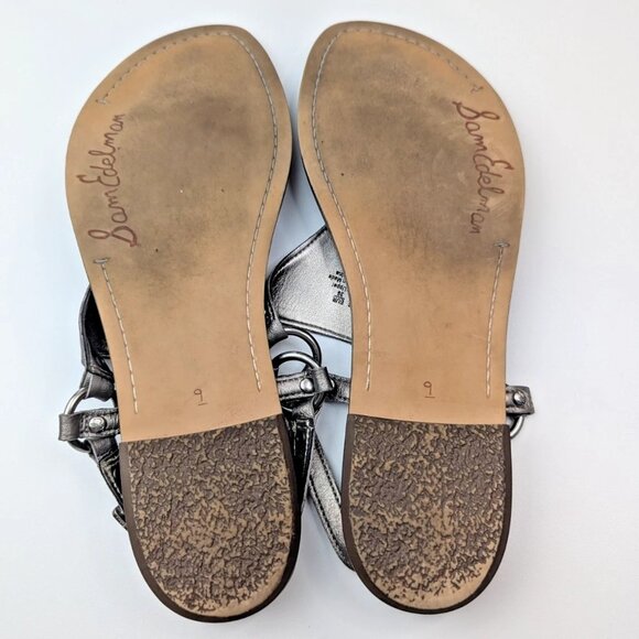 Sam Edelman 9M Greta Light Gold Metallic Leather T Strap Flat Sandals - Picture 6 of 6